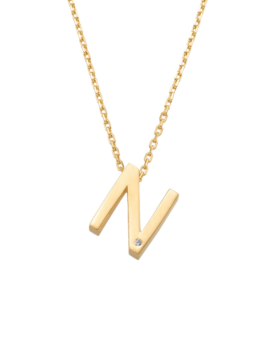 Letter N Stone Initial Necklace in 14K Gold