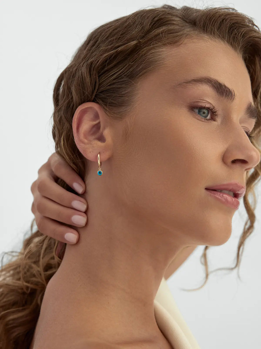 Evil Eye Beaded Drop Hoop Earrings in 14K Gold