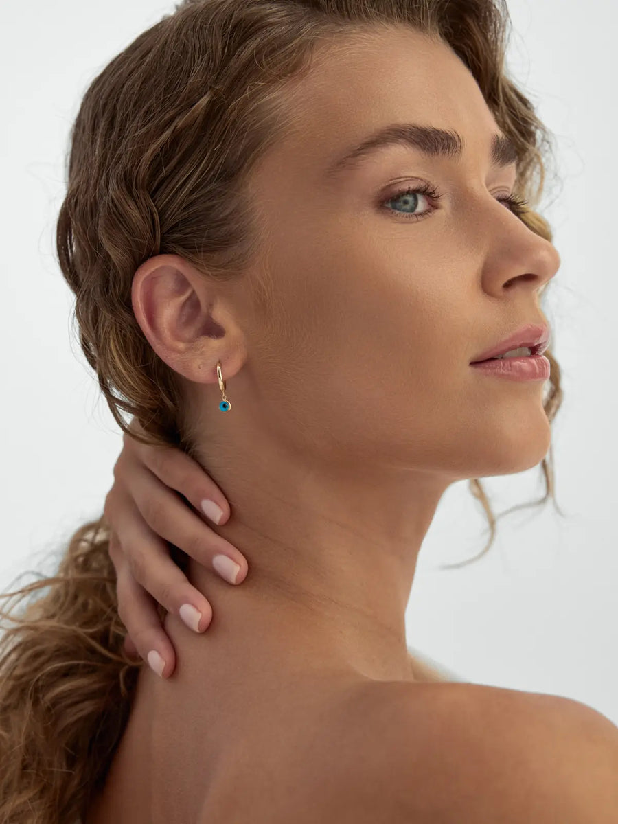 Evil Eye Beaded Drop Hoop Earrings in 14K Gold