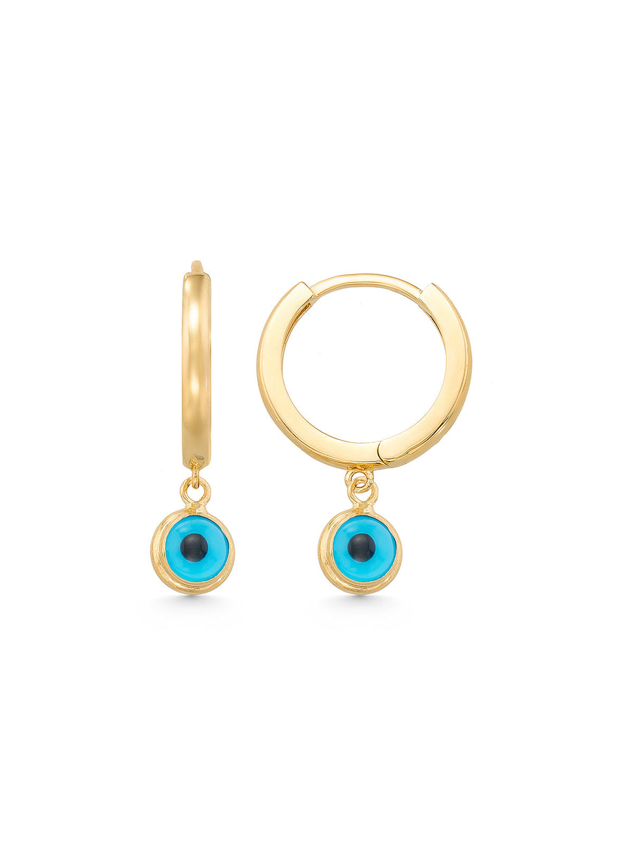 Evil Eye Beaded Drop Hoop Earrings in 14K Gold