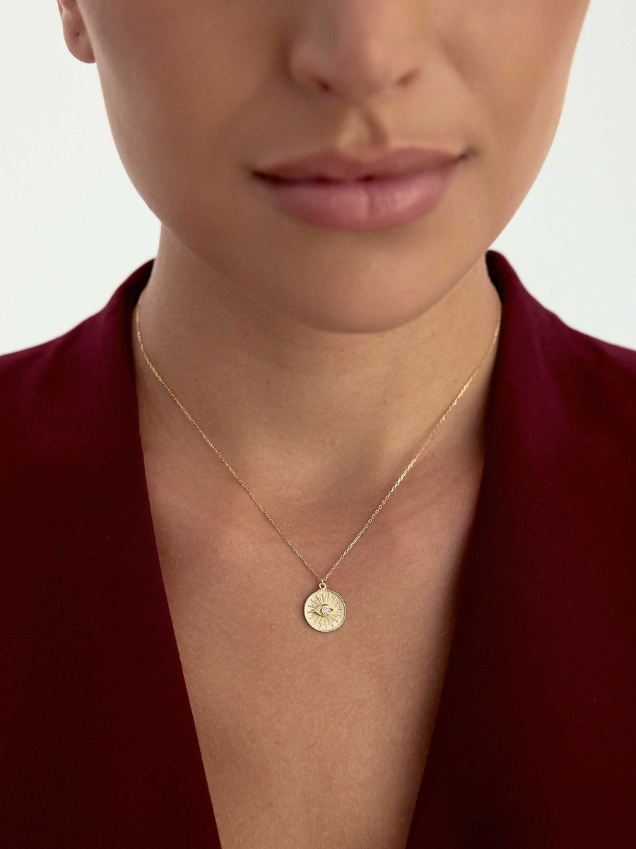 Evil Eye Themed Stone Madalyon Necklace in 14K Gold