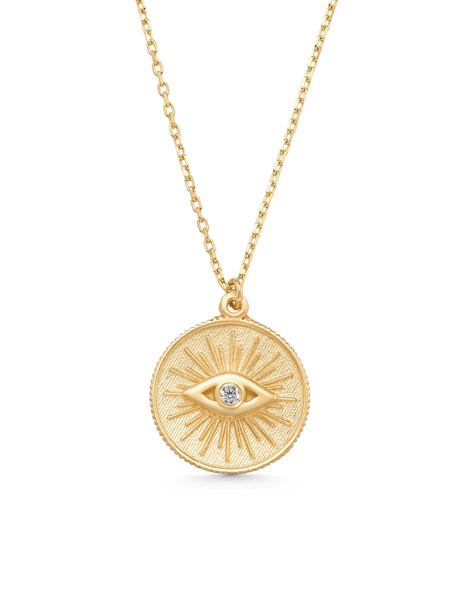 Evil Eye Themed Stone Madalyon Necklace in 14K Gold