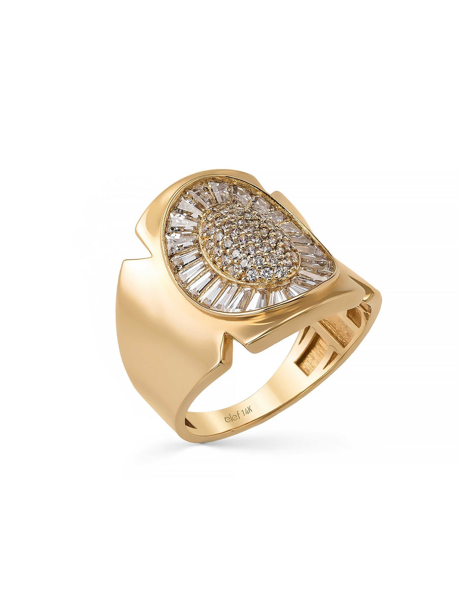 Oval Form Baguette & Round-Cut Stone Ring in 14K Gold