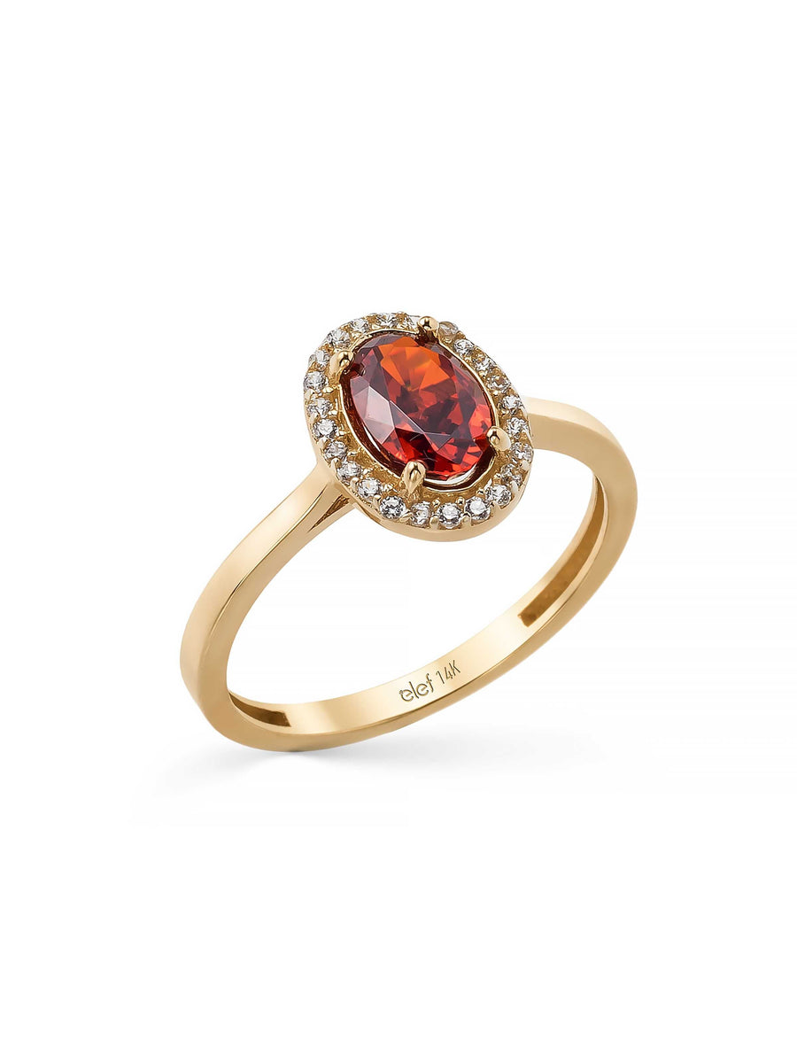 Oval Garnet Stone Halo Ring in 14K Gold