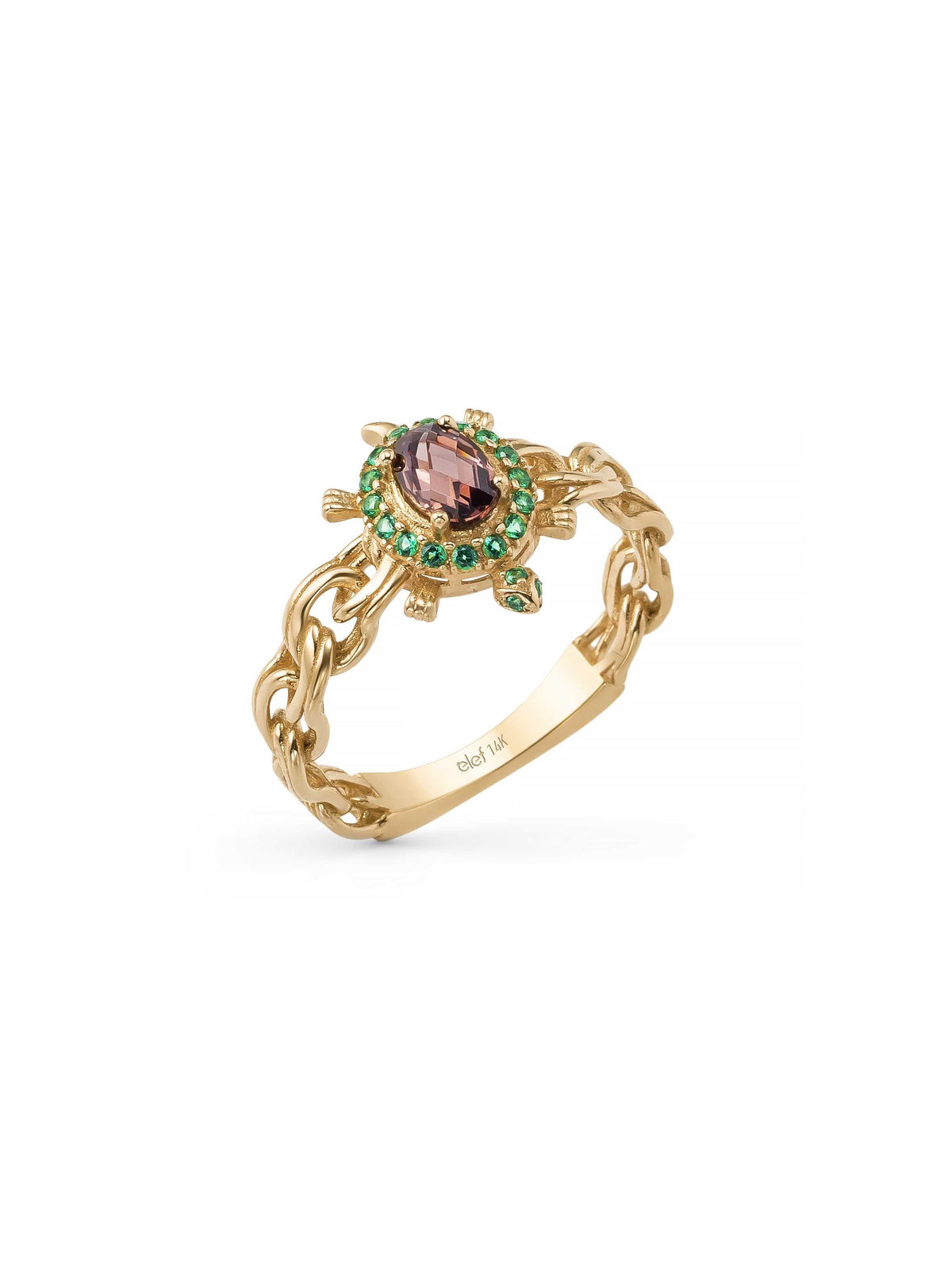 Oval Garnet & Emerald Green Stone Braided Form Vintage Ring in 14K Gold by Elef Jewelry