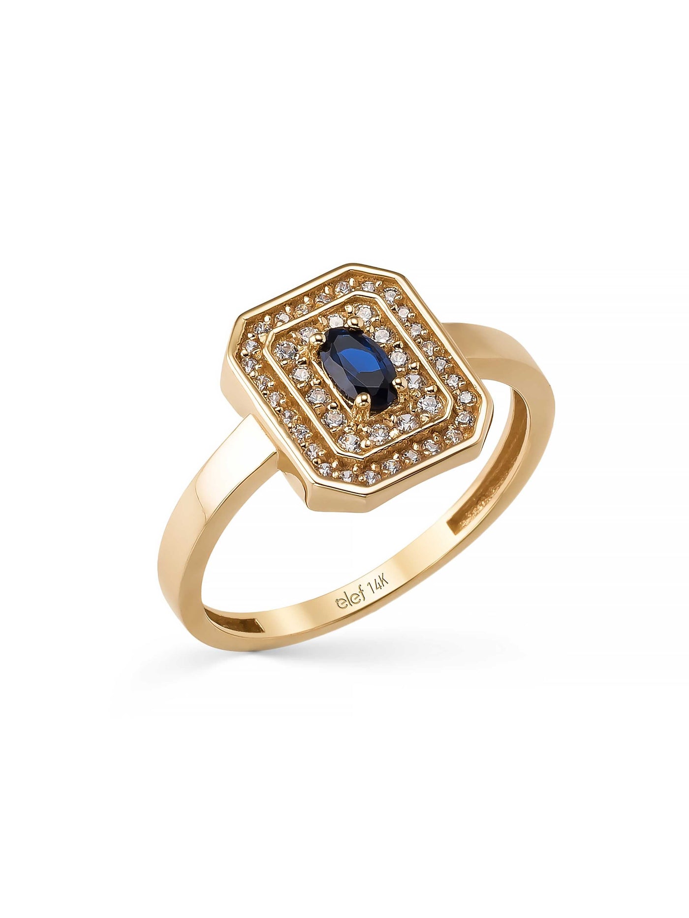 Oval Sapphire-Inspired Stone Art Deco Ring in 14K Gold by Elef Jewelry