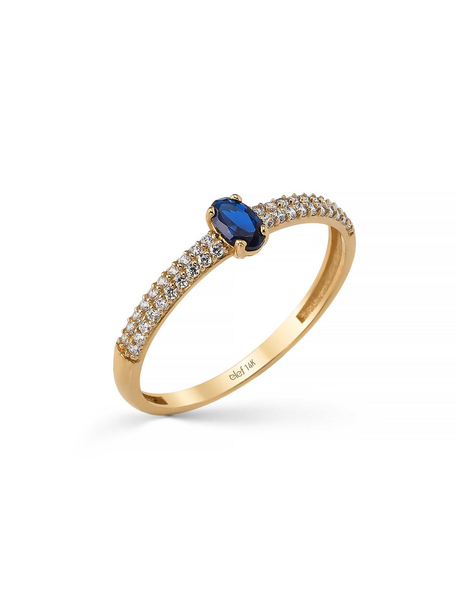 Oval Sapphire-Inspired Stone Three Row Diamond-Inspired Ring in 14K Gold