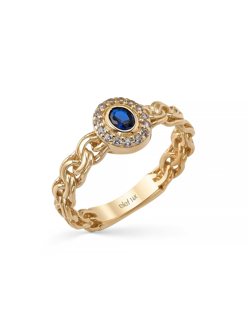 Oval Sapphire-Inspired Stone Chain Form Ring in 14K Gold by Elef Jewelry