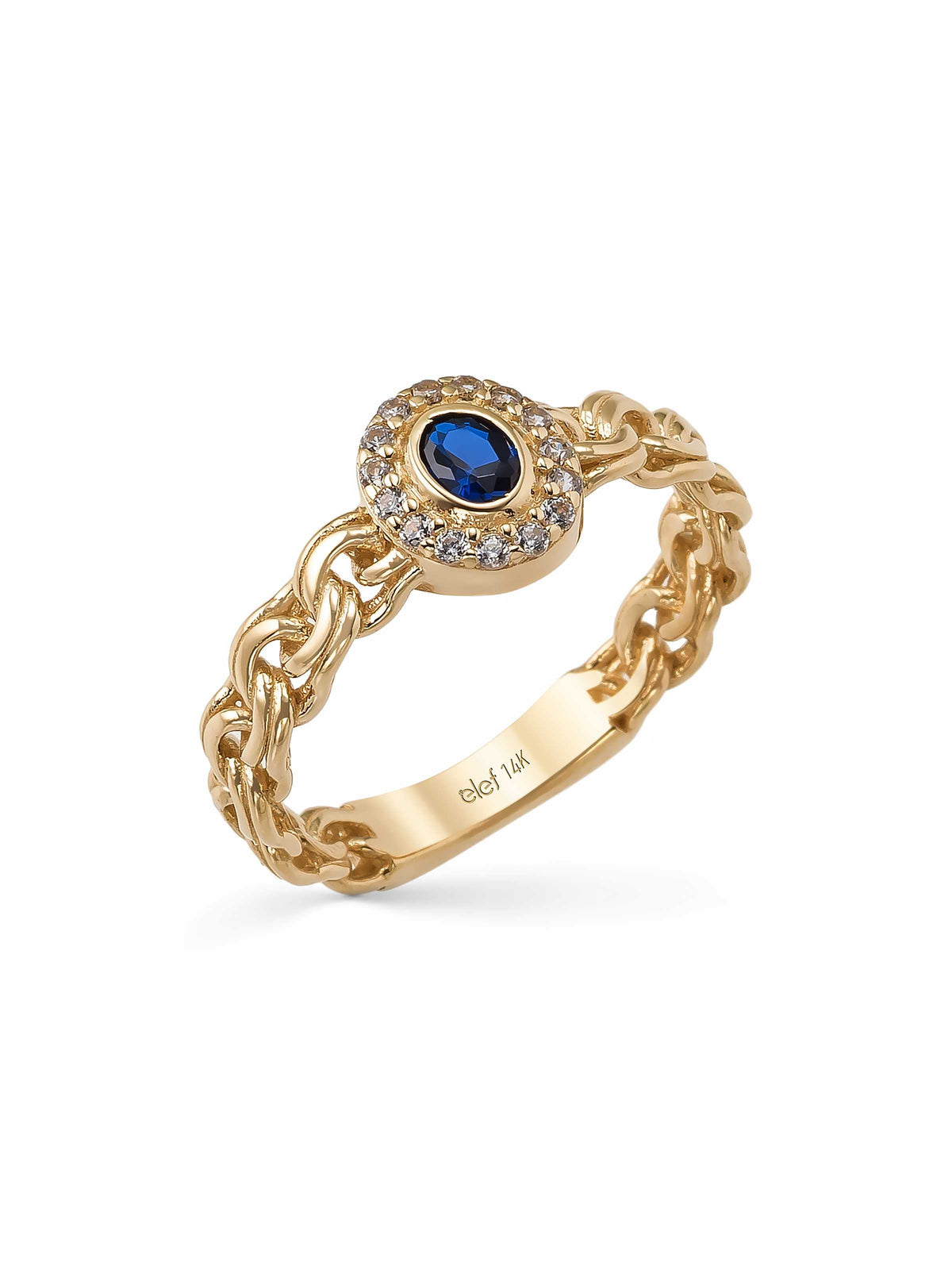 Oval Sapphire-Inspired Stone Chain Form Ring in 14K Gold by Elef Jewelry