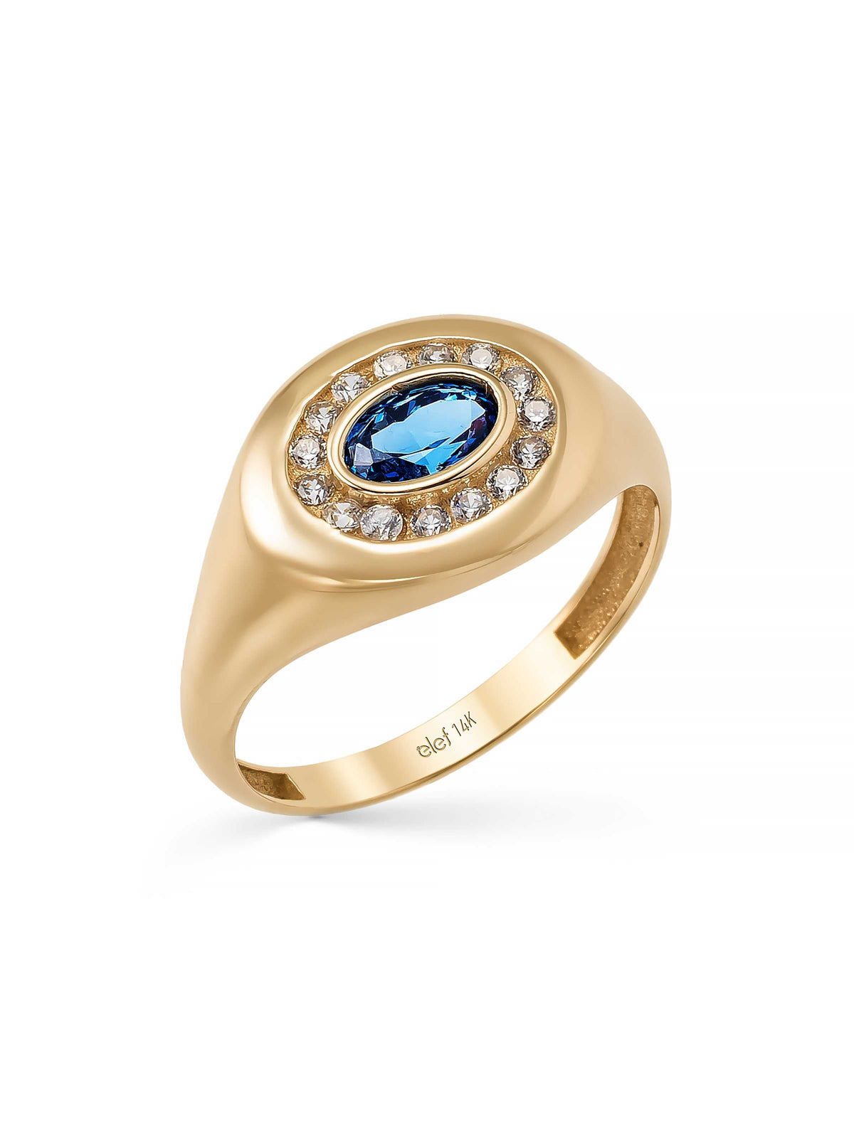Oval Sapphire-Inspired & Halo Stone Ring in 14K Gold by Elef Jewelry