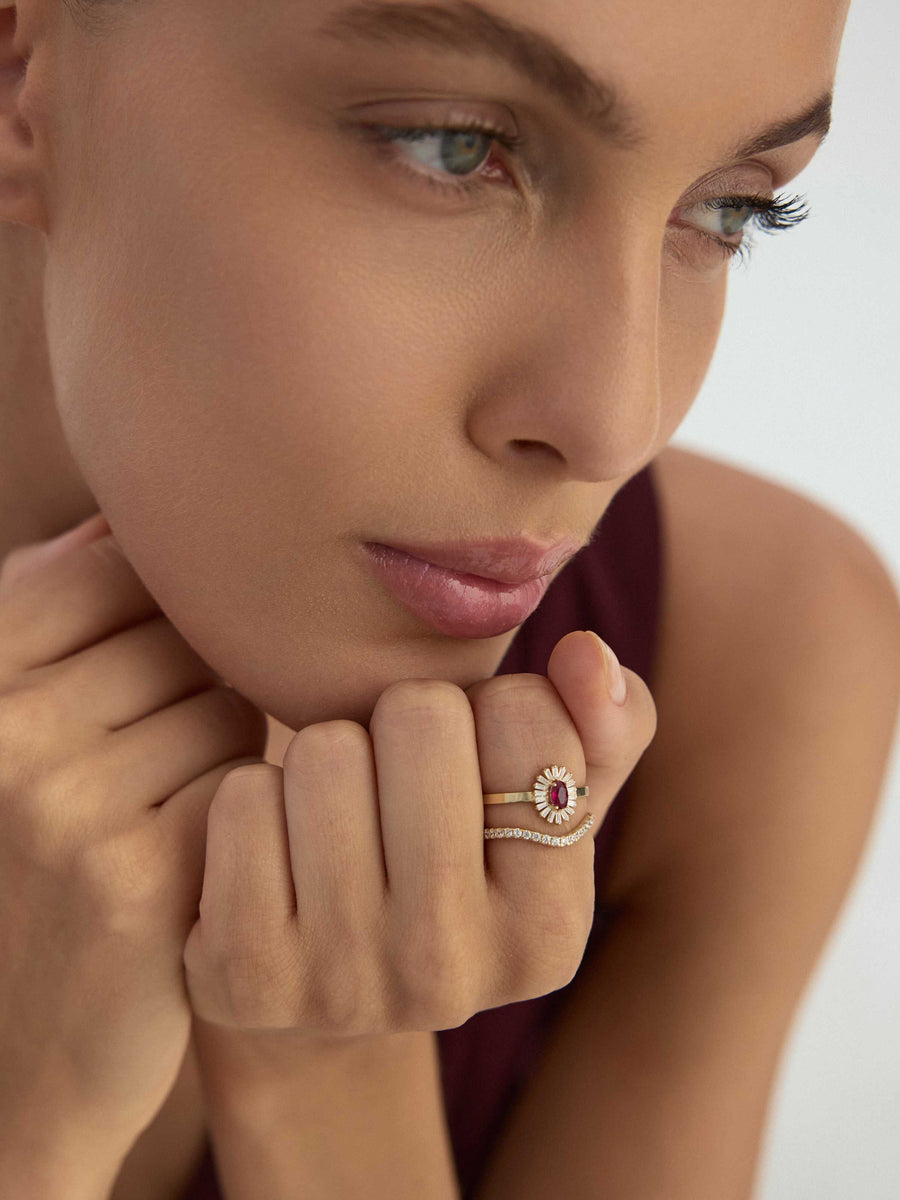 Oval Ruby-Inspired Stone Baguette Sparkling Ring in 14K Gold