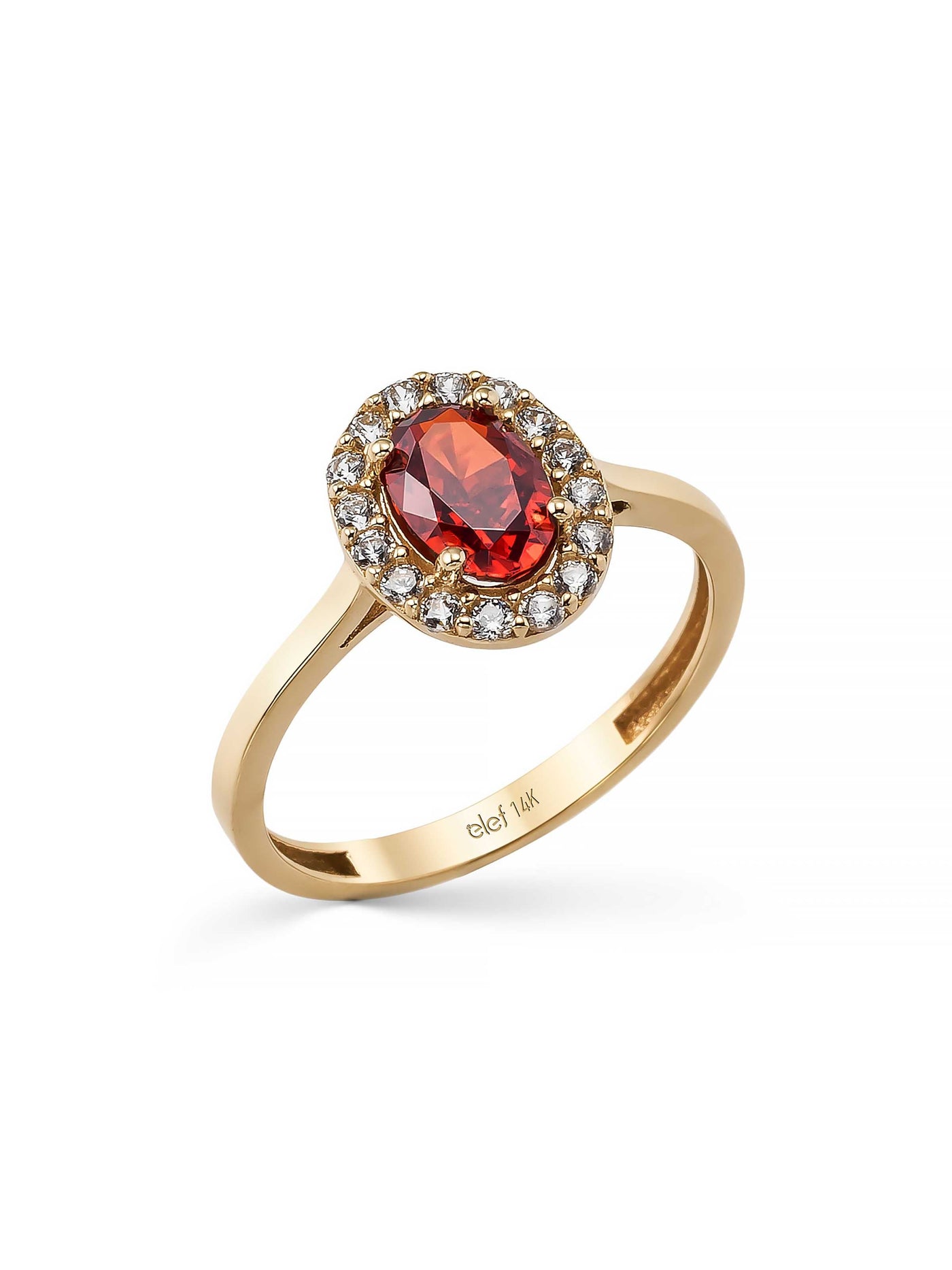 Oval Ruby-Inspired Stone Halo Ring in 14K Gold by Elef Jewelry