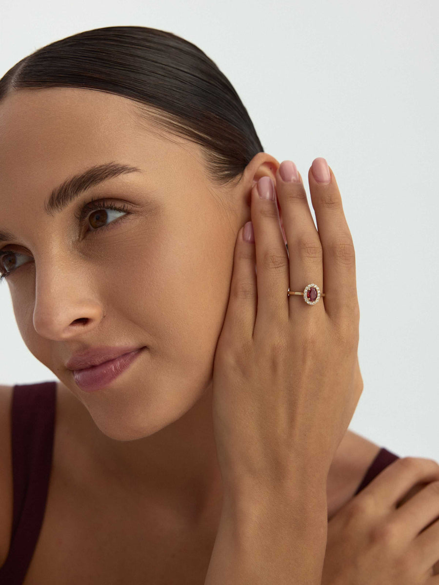 Oval Ruby-Inspired Stone Halo Ring in 14K Gold