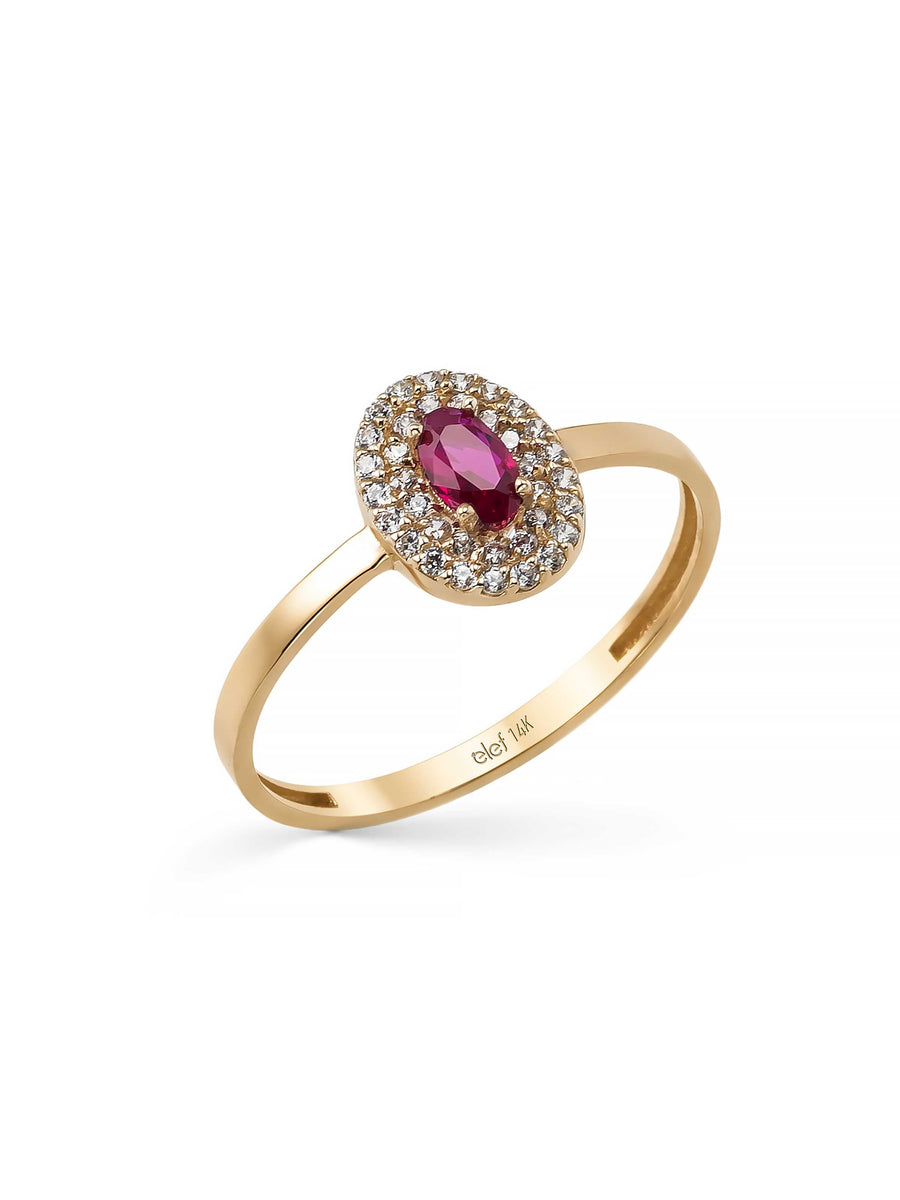 Oval Ruby-Inspired Stone Halo Ring in 14K Gold