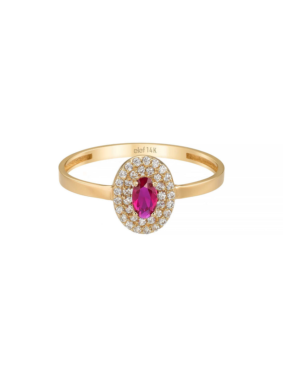 Oval Ruby-Inspired Stone Halo Ring in 14K Gold