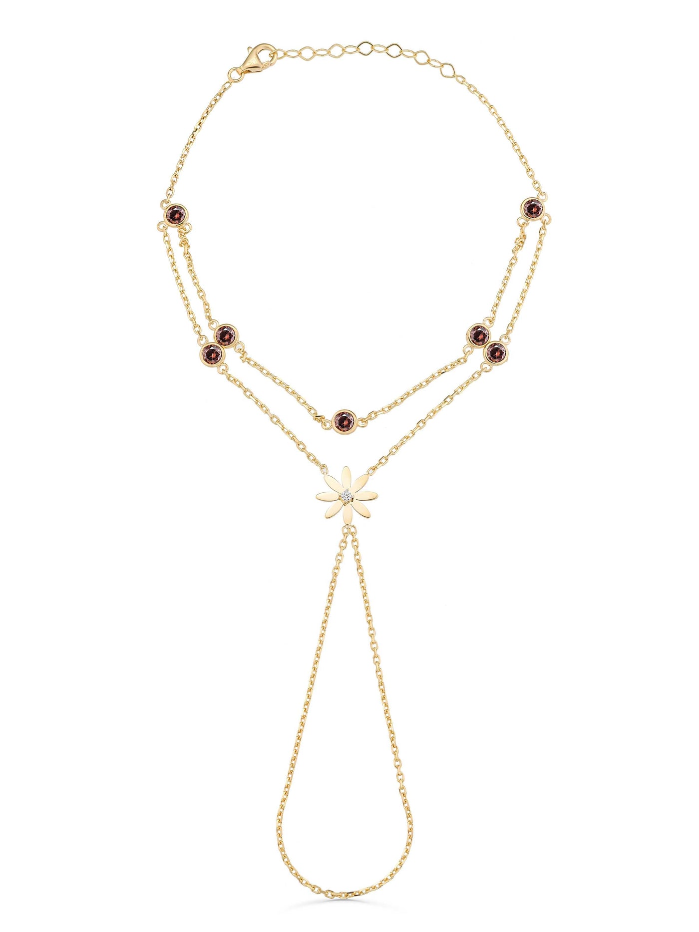 Daisy Double Chain Stone Hand Chain in 14K Gold by Elef Jewelry