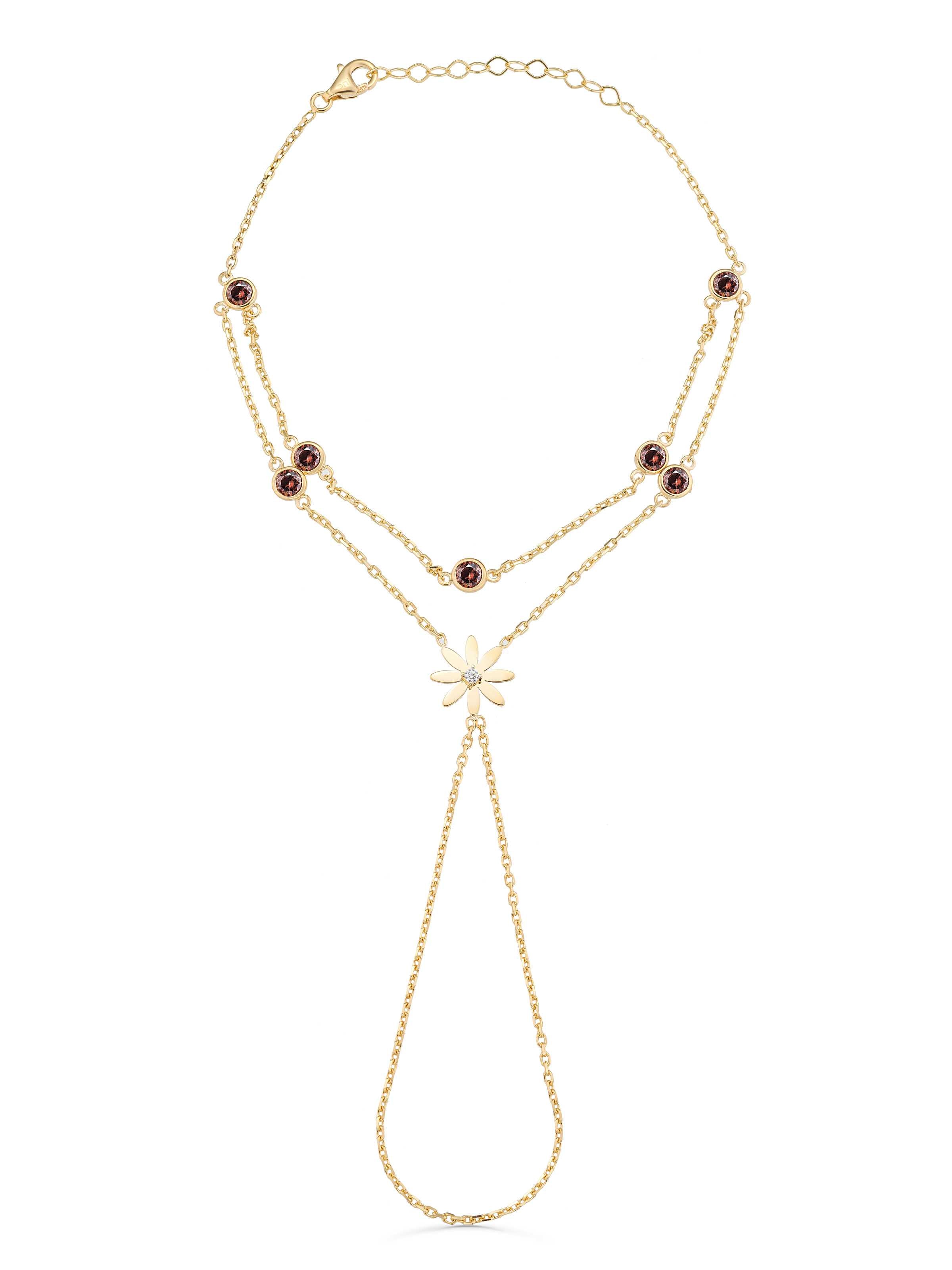 Daisy Double Chain Stone Hand Chain in 14K Gold by Elef Jewelry