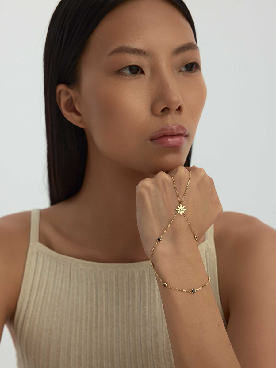 Daisy Double Chain Stone Hand Chain in 14K Gold