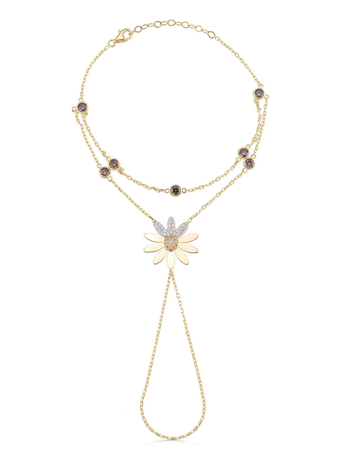 Daisy Zircon Stone Accents Hand Chain in 14K Gold by Elef Jewelry