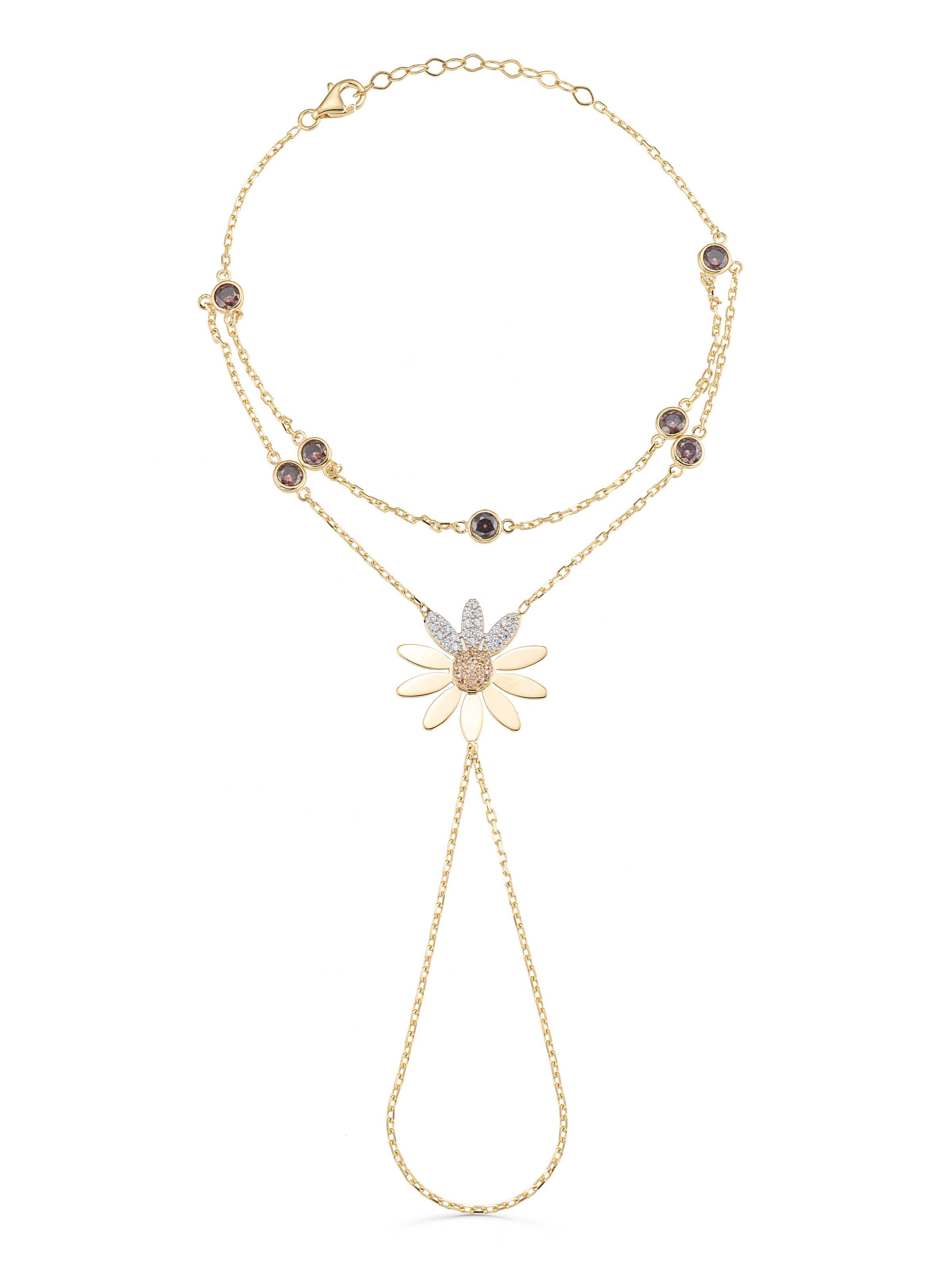 Daisy Zircon Stone Accents Hand Chain in 14K Gold by Elef Jewelry
