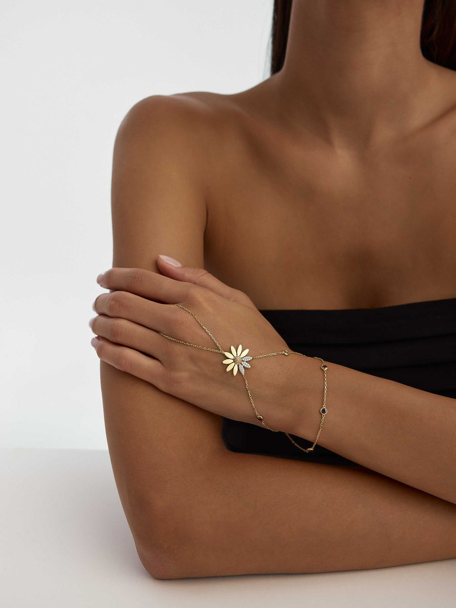 Daisy Zircon Stone Accents Hand Chain in 14K Gold