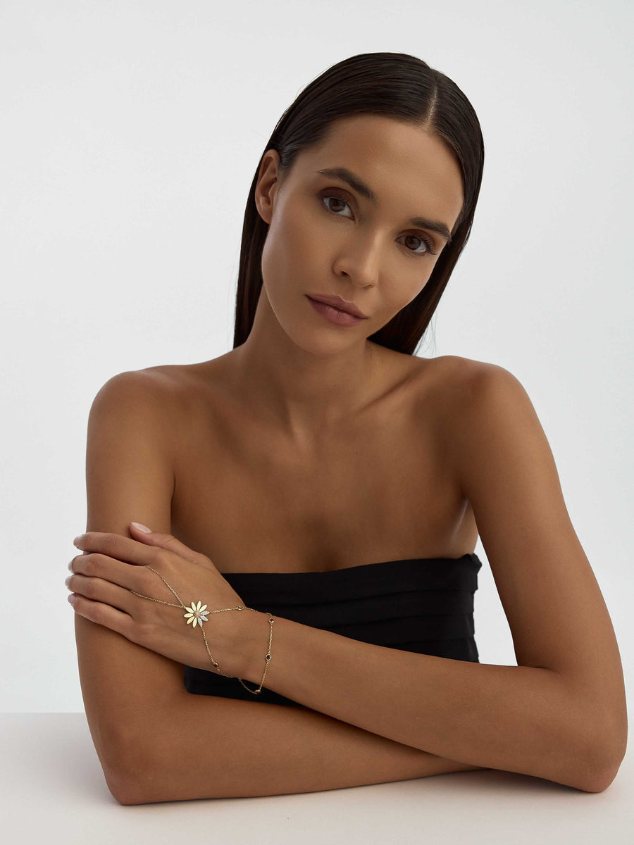Daisy Zircon Stone Accents Hand Chain in 14K Gold