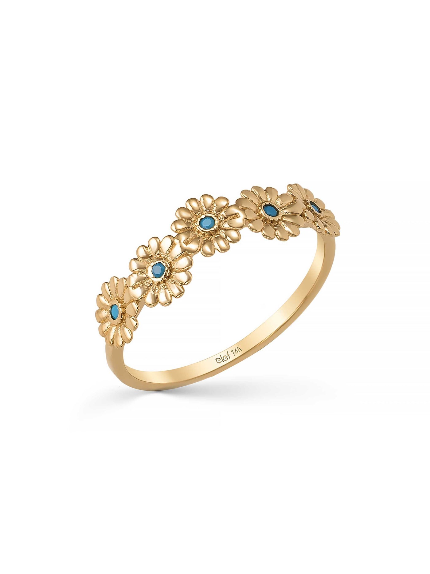 Daisy Motif Turquoise Stone Ring in 14K Gold by Elef Jewelry