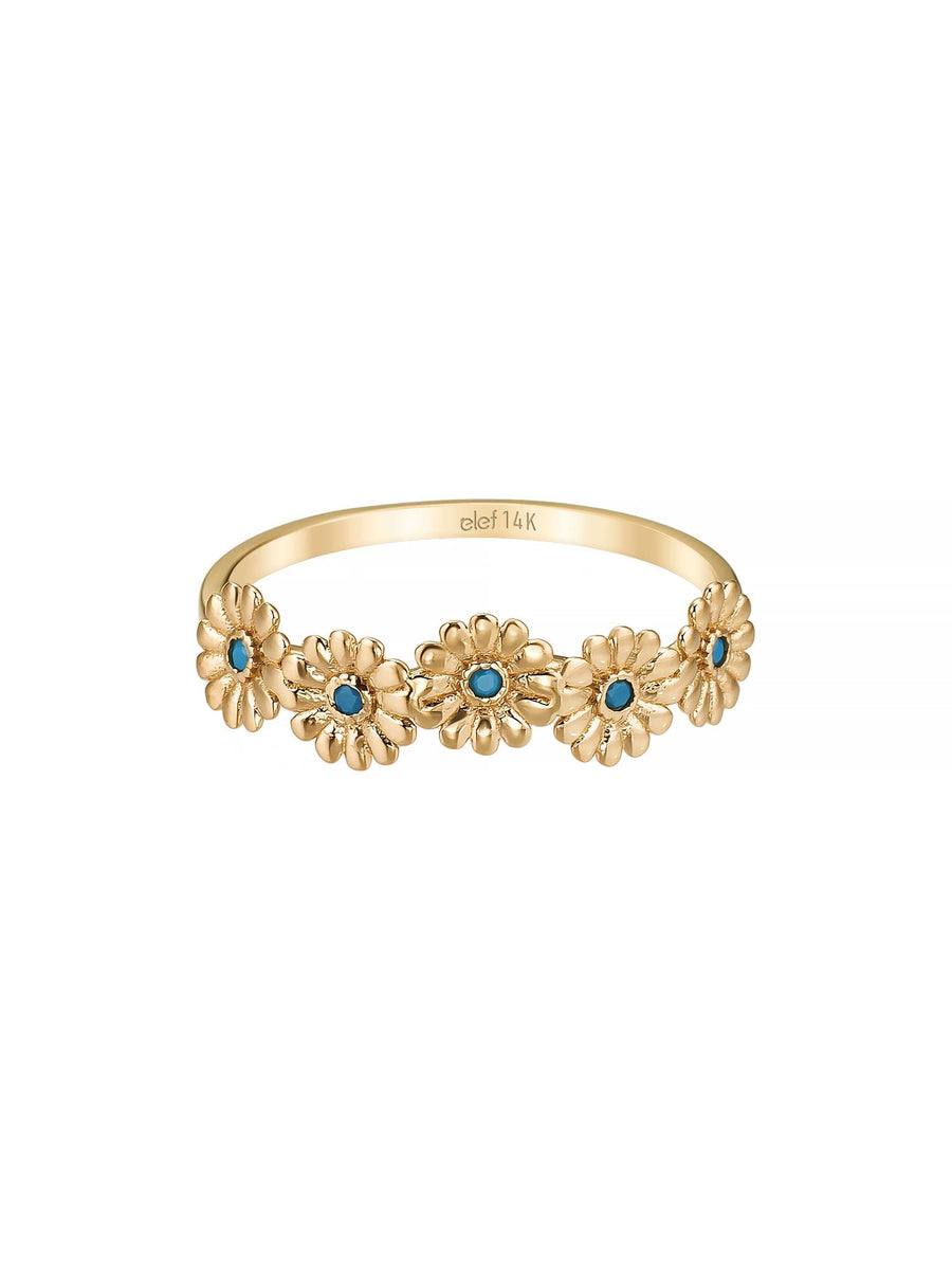 Daisy Motif Turquoise Stone Ring in 14K Gold