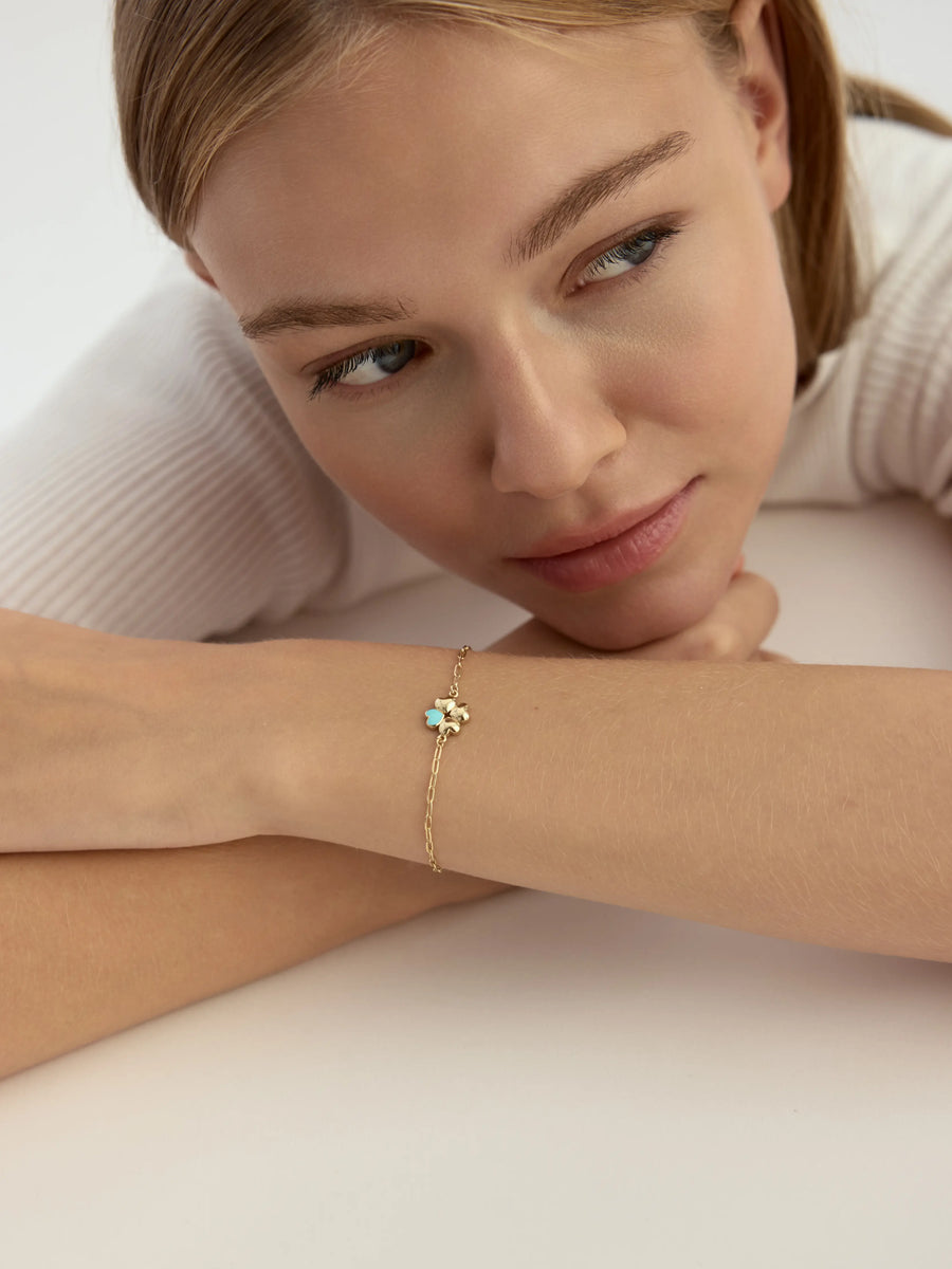 Pastel Blue Enamel Clover Form Bracelet in 14K Gold