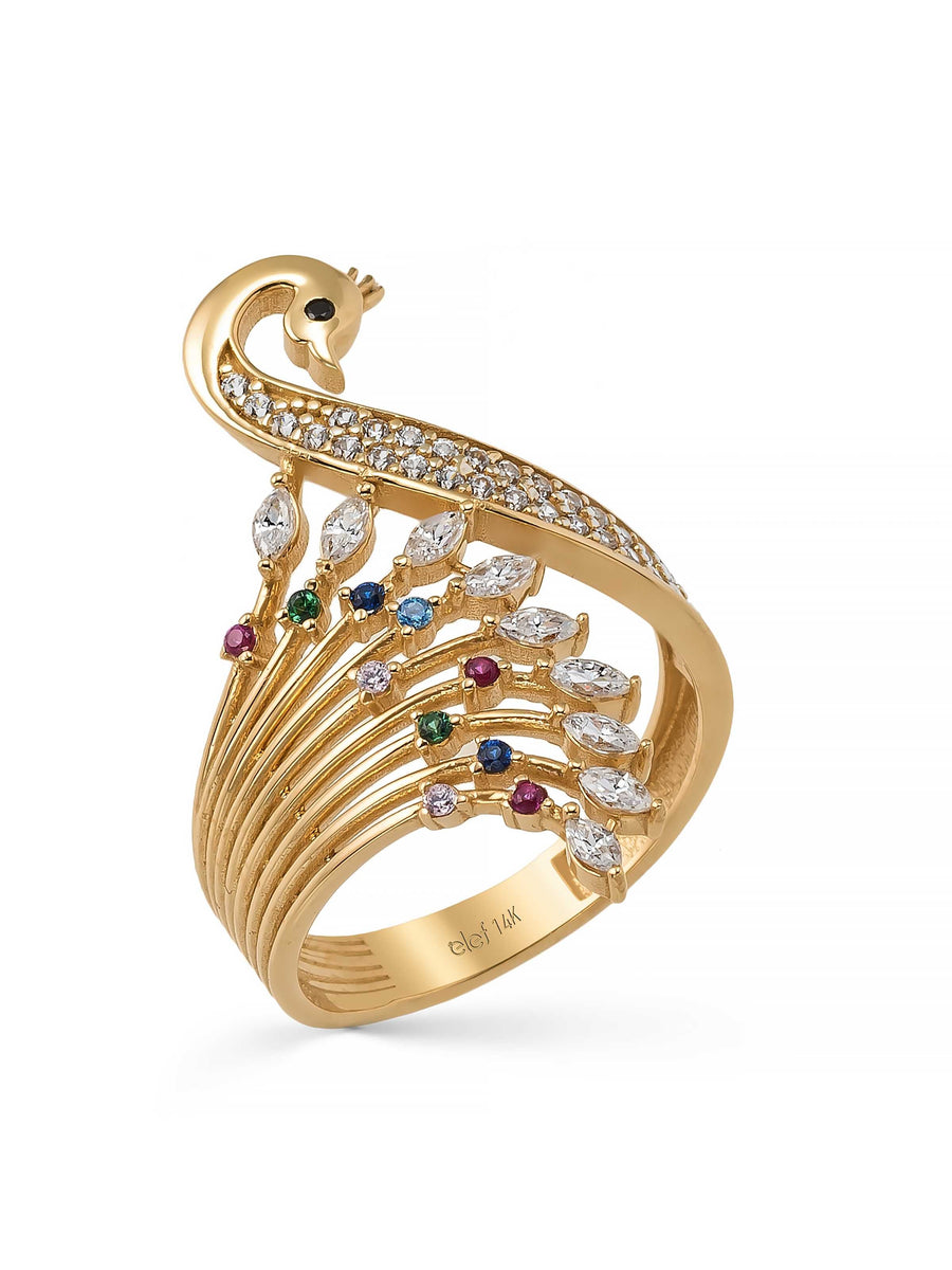 Pavé Stone Peacock Bird Ring in 14K Gold