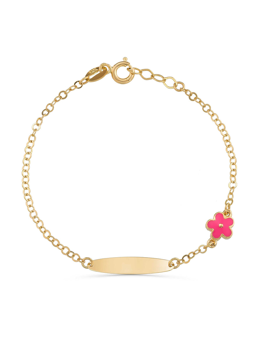 14K Gold Pink Flower Kids Id Bracelet