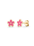 Pink Flower Enamel Kids Earrings in 14K Gold by Elef Jewelry