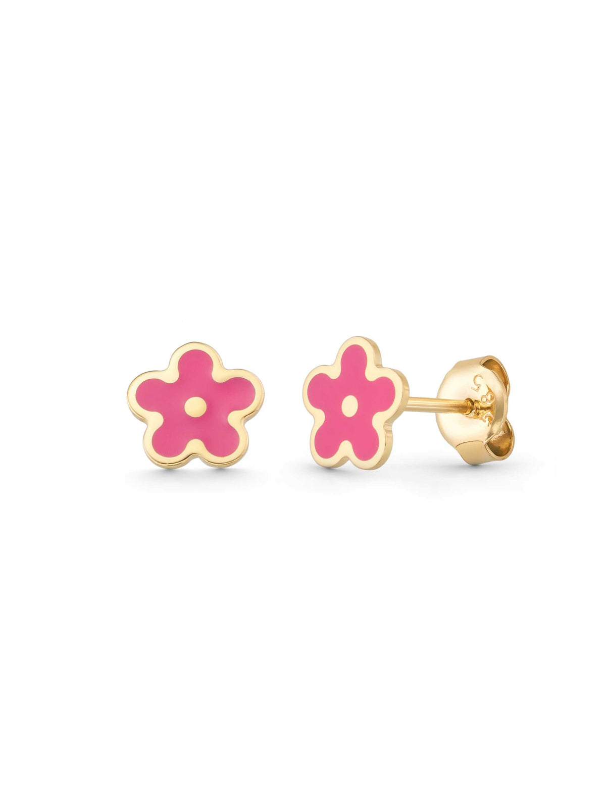 Pink Flower Enamel Kids Earrings in 14K Gold by Elef Jewelry