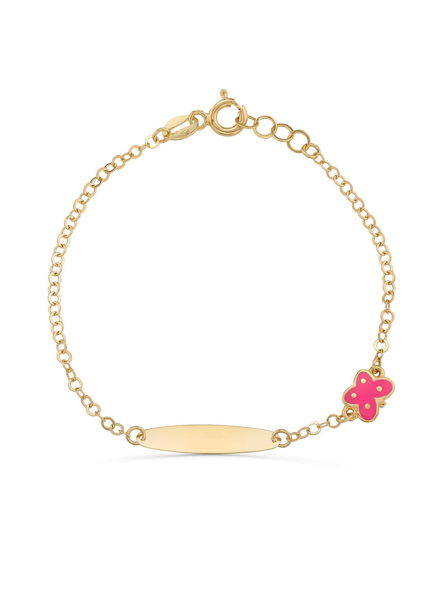 14K Gold Pink Butterfly Enamel Kids Id Bracelet