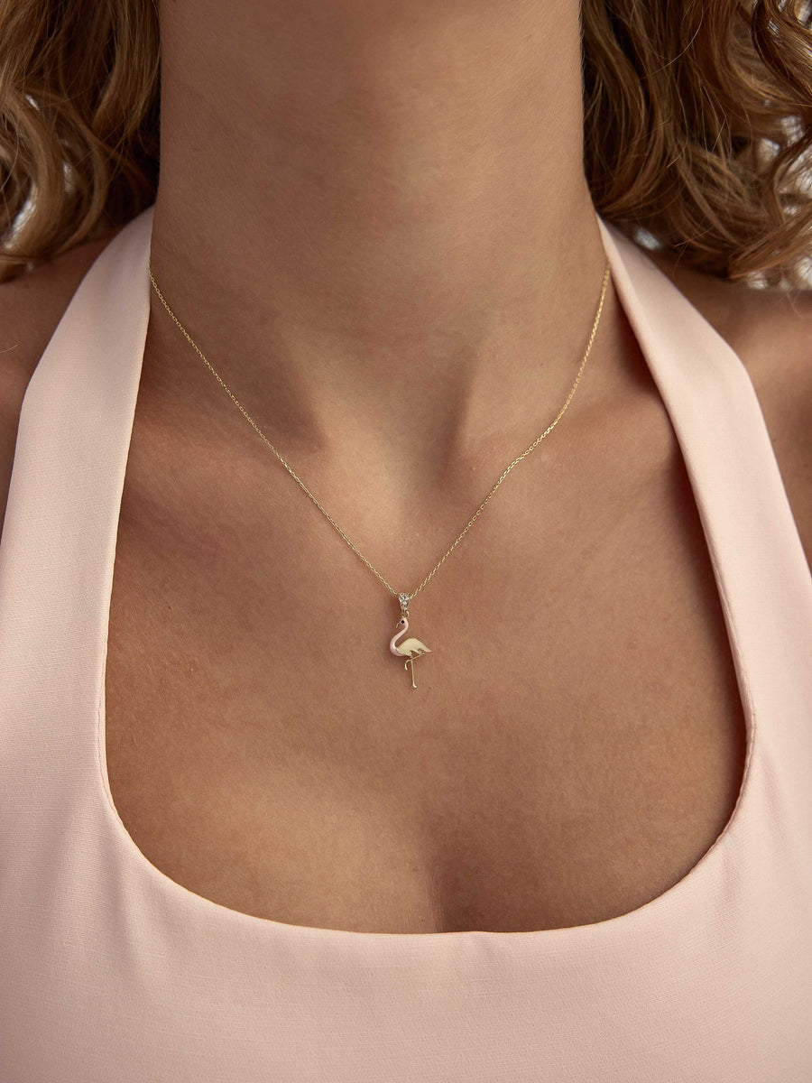 Pink Enamel Flamingo Necklace in 14K Gold