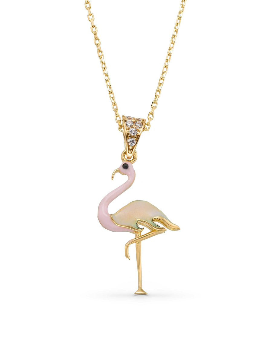 Pink Enamel Flamingo Necklace in 14K Gold