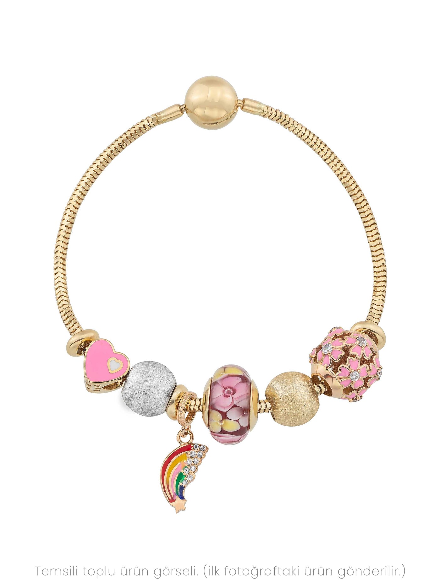 Pink Enamel Flower Stone Charm in 14K Gold by Elef Jewelry