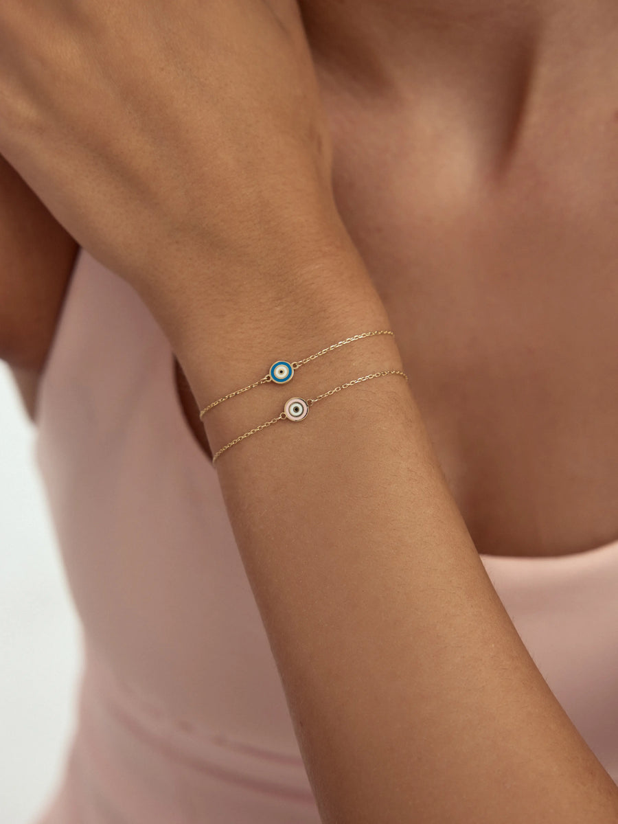 Pink Enamel Evil Eye Beaded Bracelet in 14K Gold