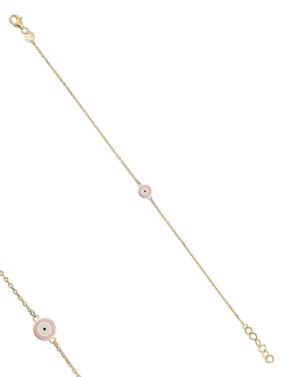 Pink Enamel Evil Eye Beaded Bracelet in 14K Gold