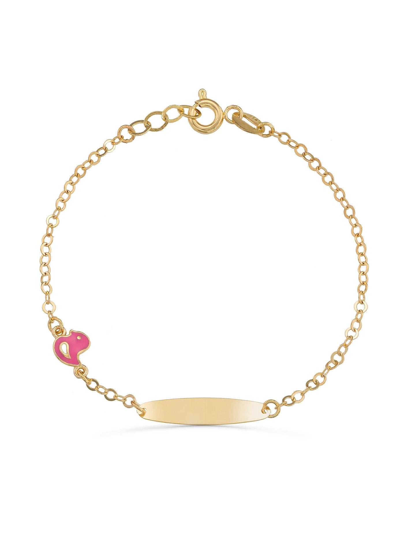 14K Gold Pink Duck Enamel Kids Id Bracelet by Elef Jewelry
