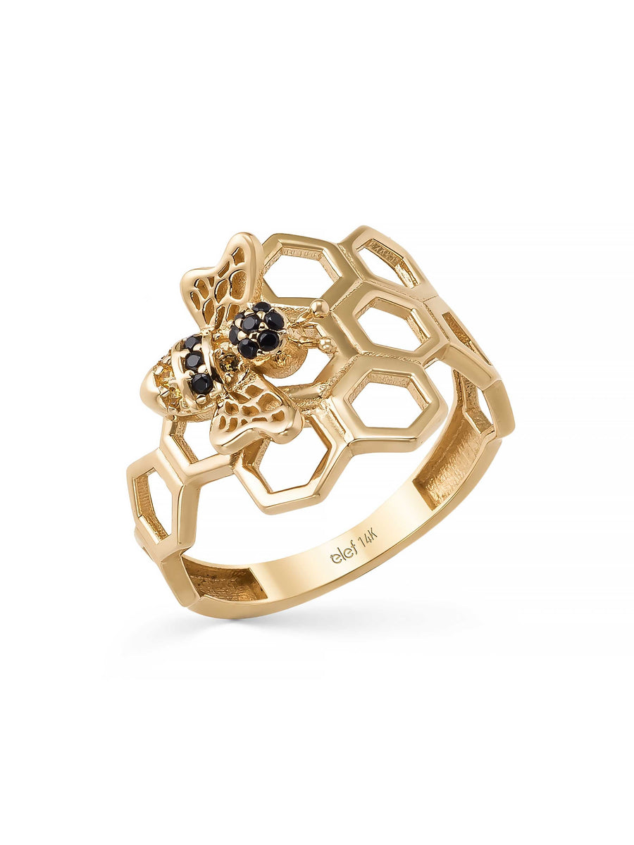 Honeycomb Motif Bee Ring in 14K Gold