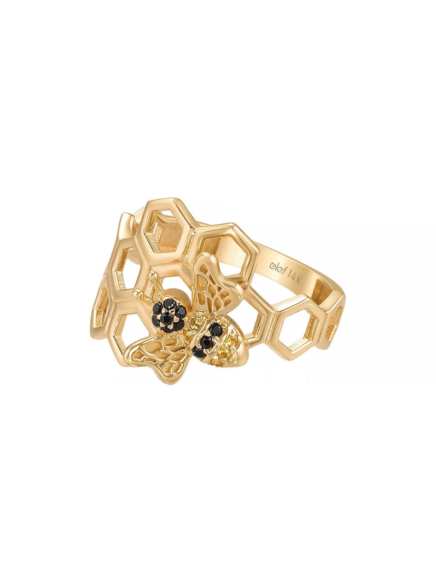 Honeycomb Motif Bee Ring in 14K Gold