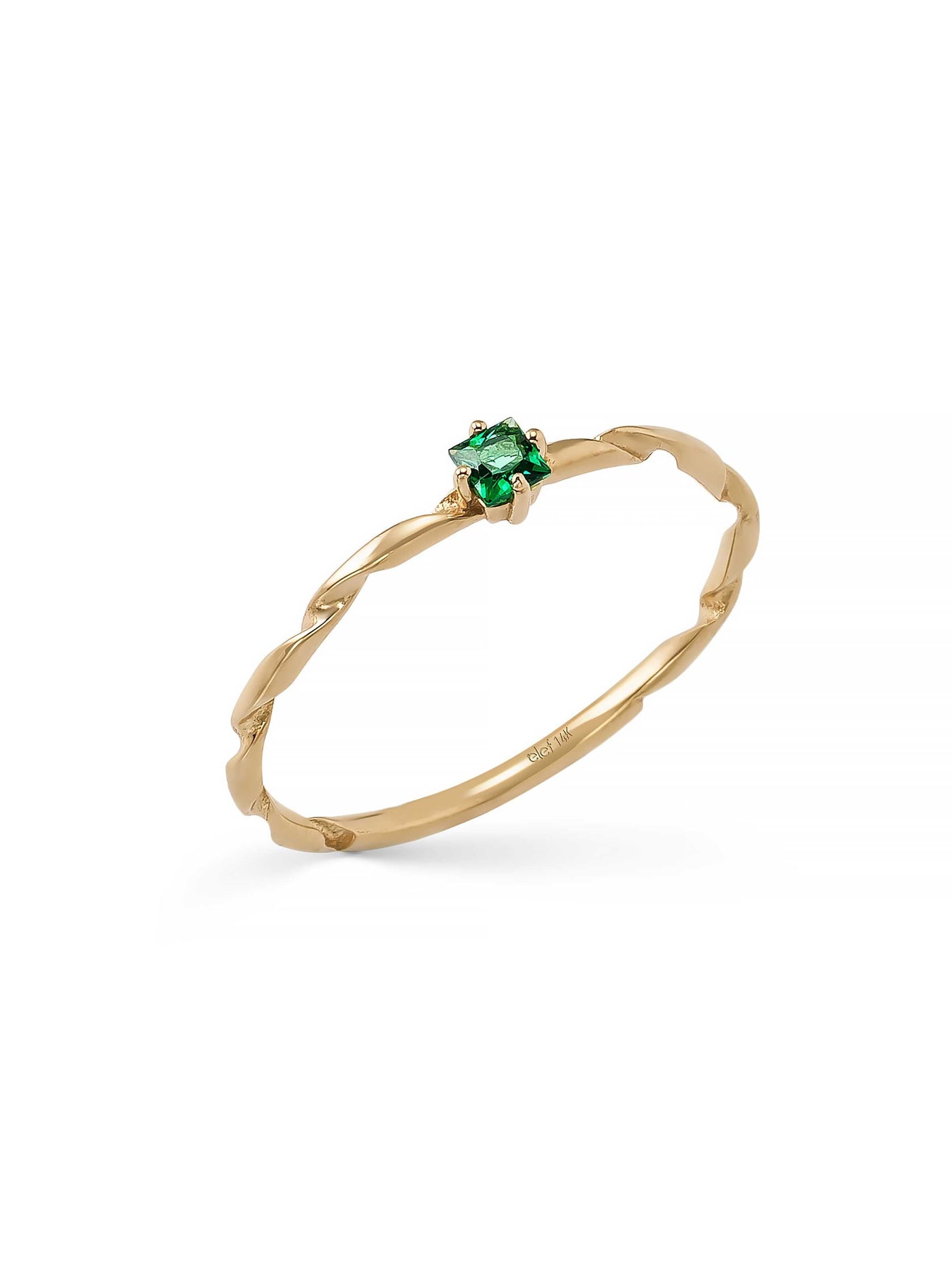 Prenses Cut Emerald Green Stone Twisted Ring in 14K Gold by Elef Jewelry