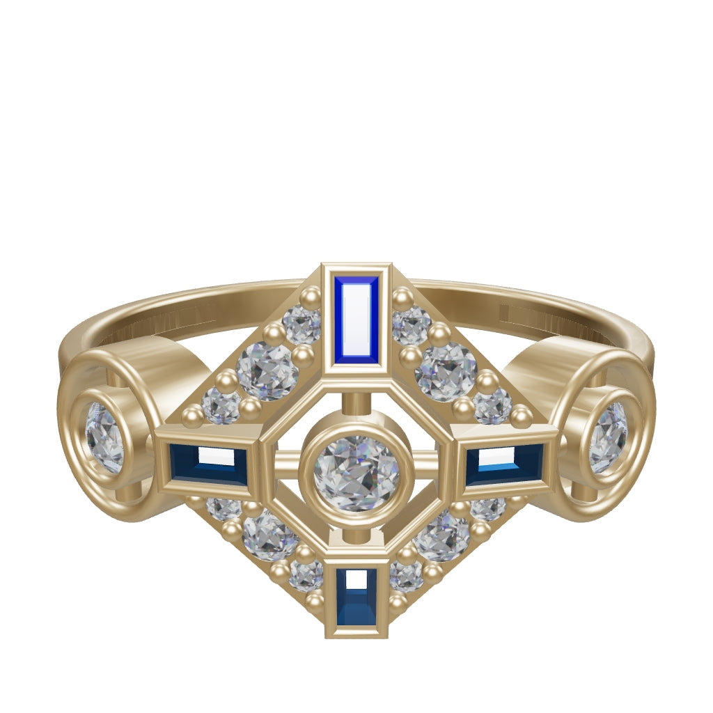 Sapphire-Inspired Baguette & Round-Cut Stone Geometric Ring in 14K Gold