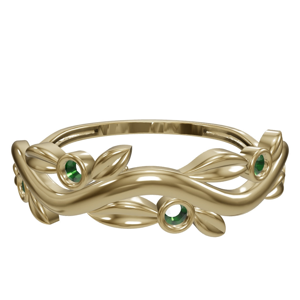 Leaf Motif Emerald Green Stone Ring in 14K Gold