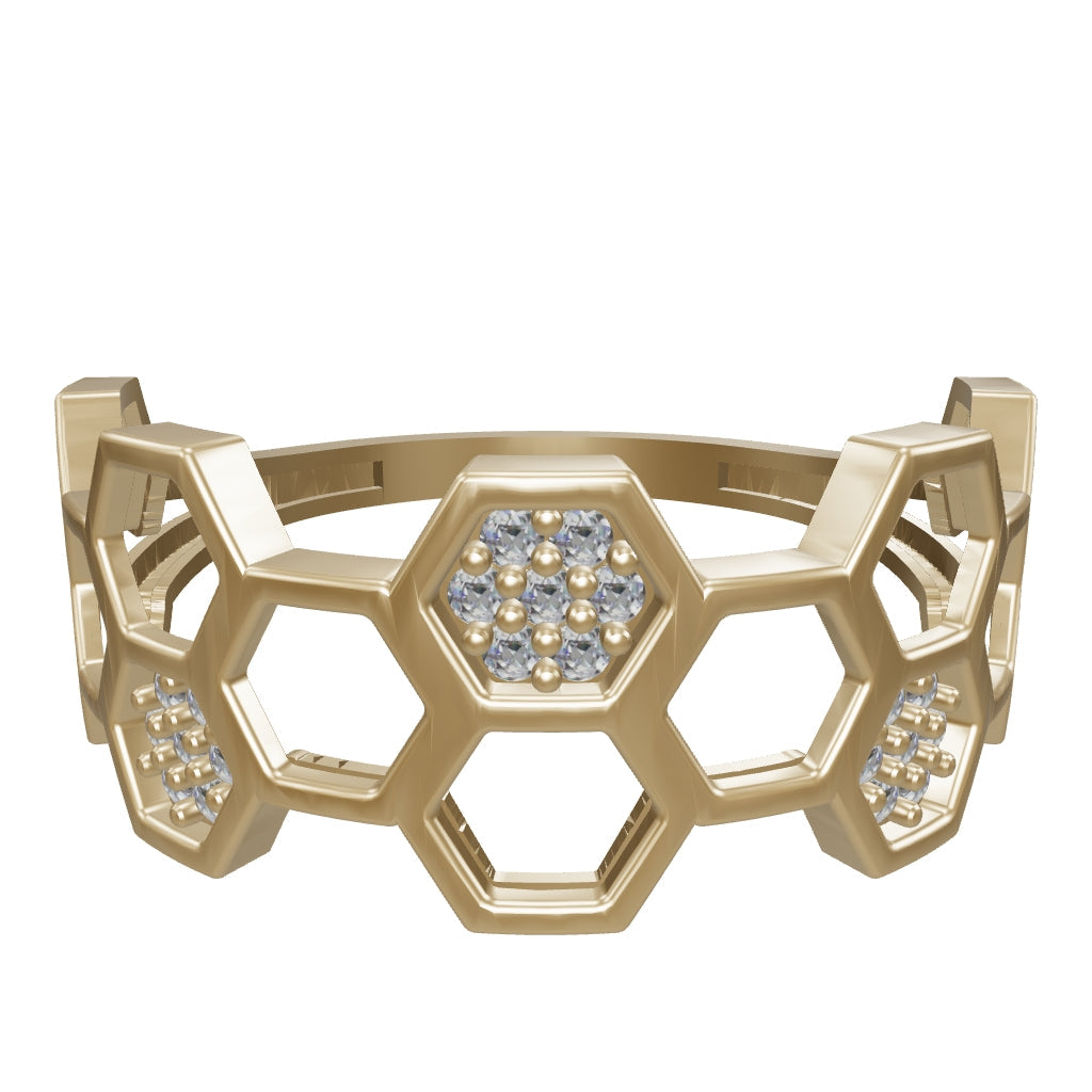 Honeycomb Form Stone Ornamented Ring in 14K Gold