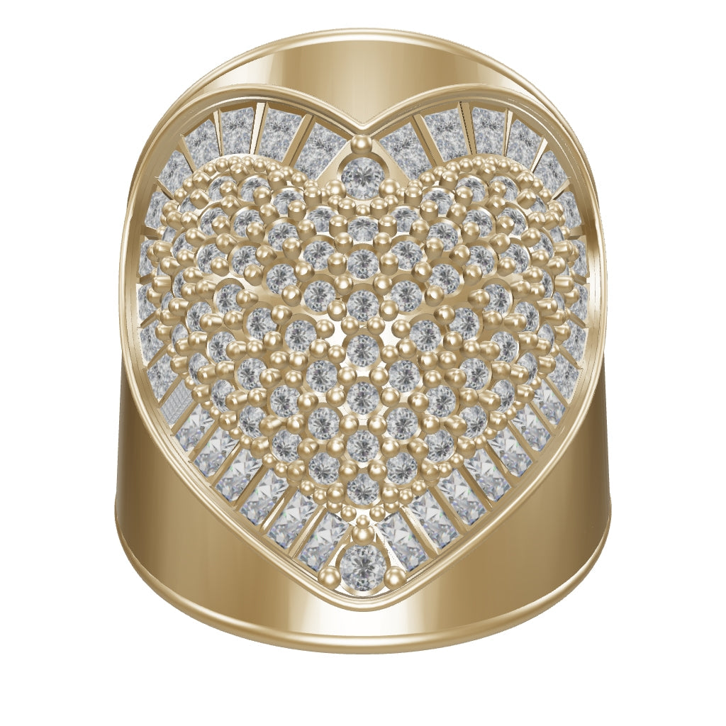 Baguette & Round-Cut Stone Heart Motif Ring in 14K Gold
