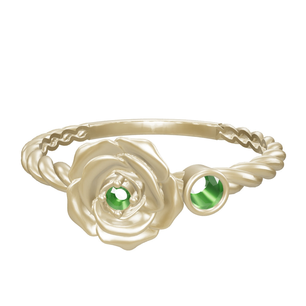 Green Stone Rose Motif Ring in 14K Gold