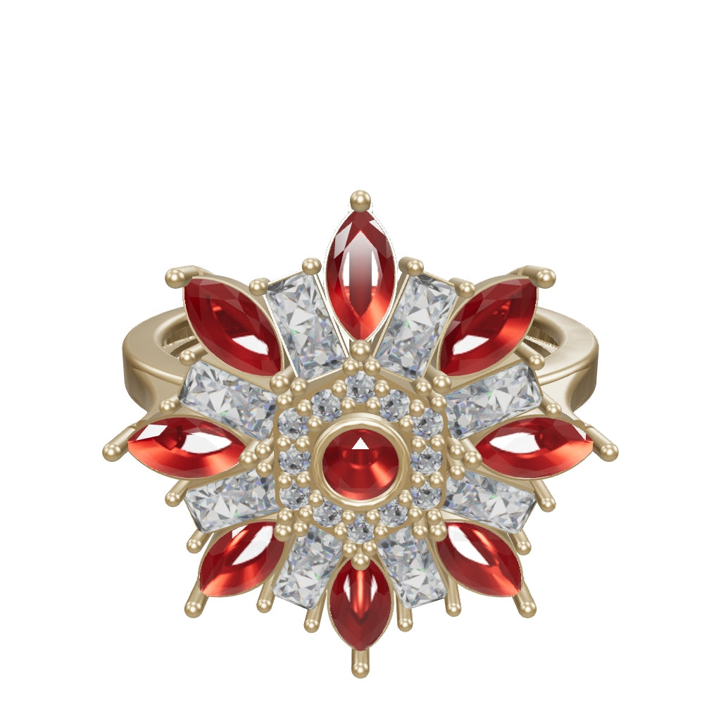 Flower Motif Baguette & Marquise Stone Ring in 14K Gold