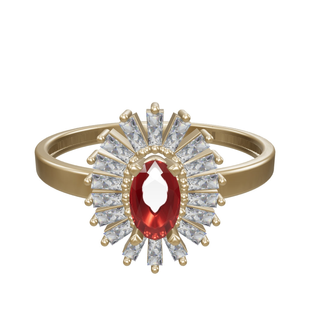 Oval Ruby-Inspired Stone Baguette Sparkling Ring in 14K Gold
